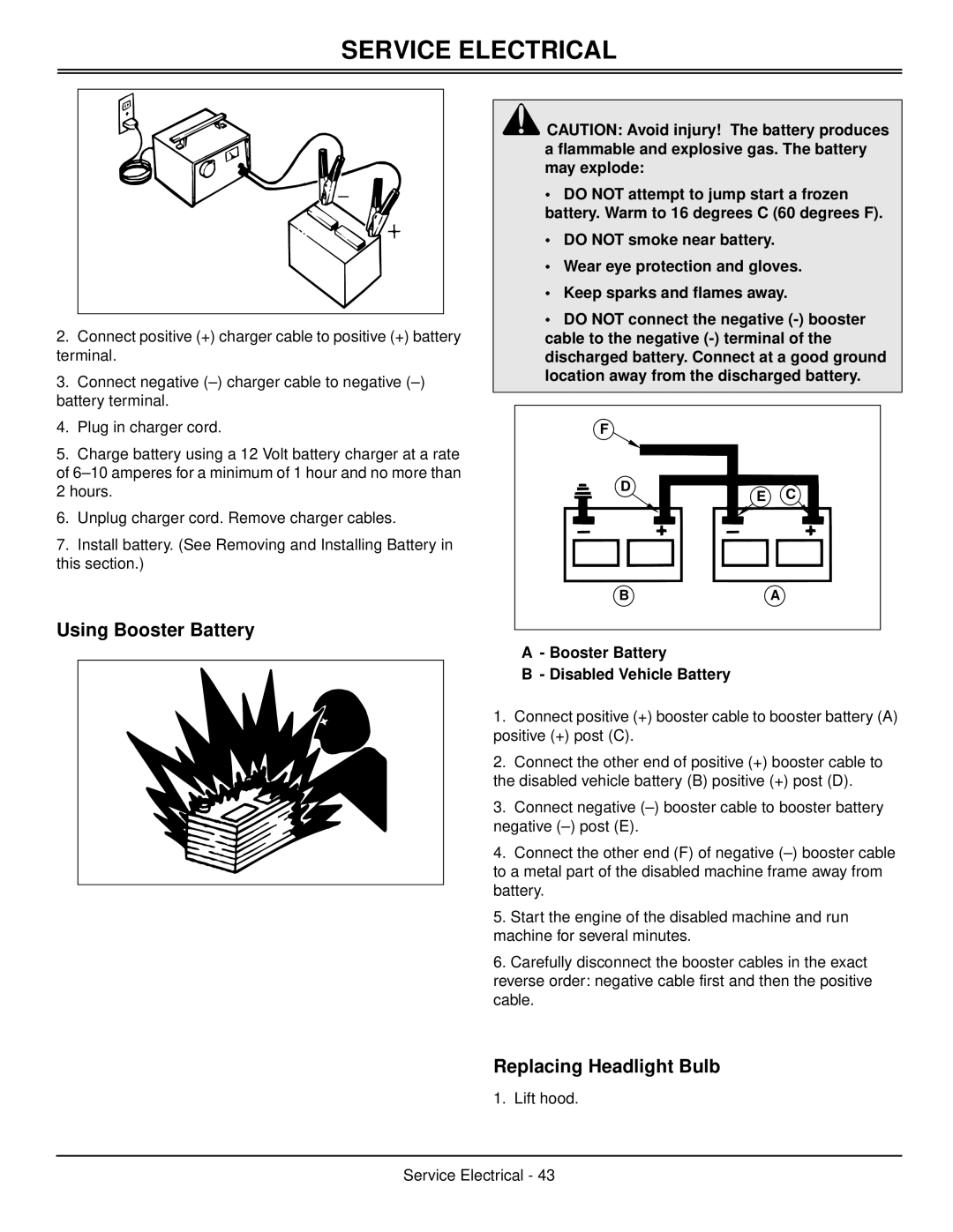 Scotts S1642, S1742, S2046 manual Using Booster Battery, Replacing Headlight Bulb, Service Electrical 