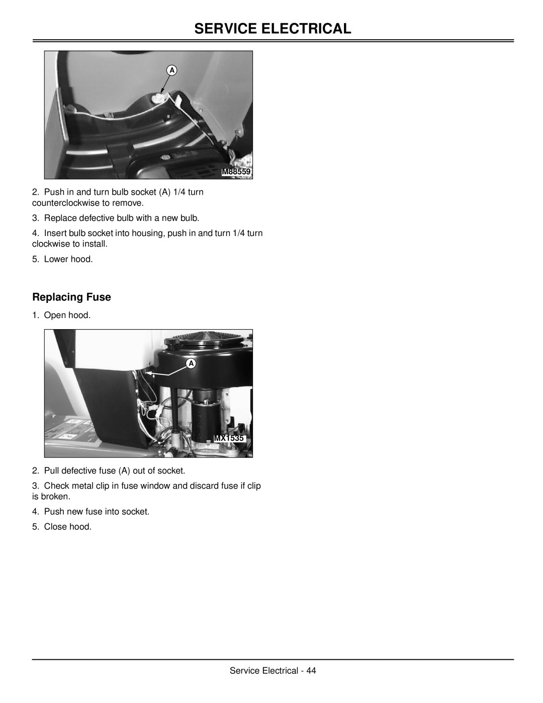 Scotts S1642, S1742, S2046 manual Replacing Fuse, Service Electrical, M88559, MX1535 