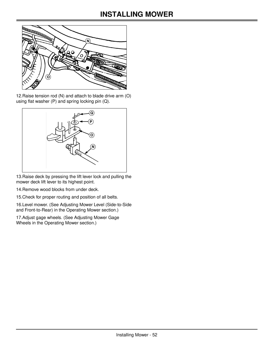 Scotts S1642, S1742, S2046 manual Installing Mower, Q P O N 