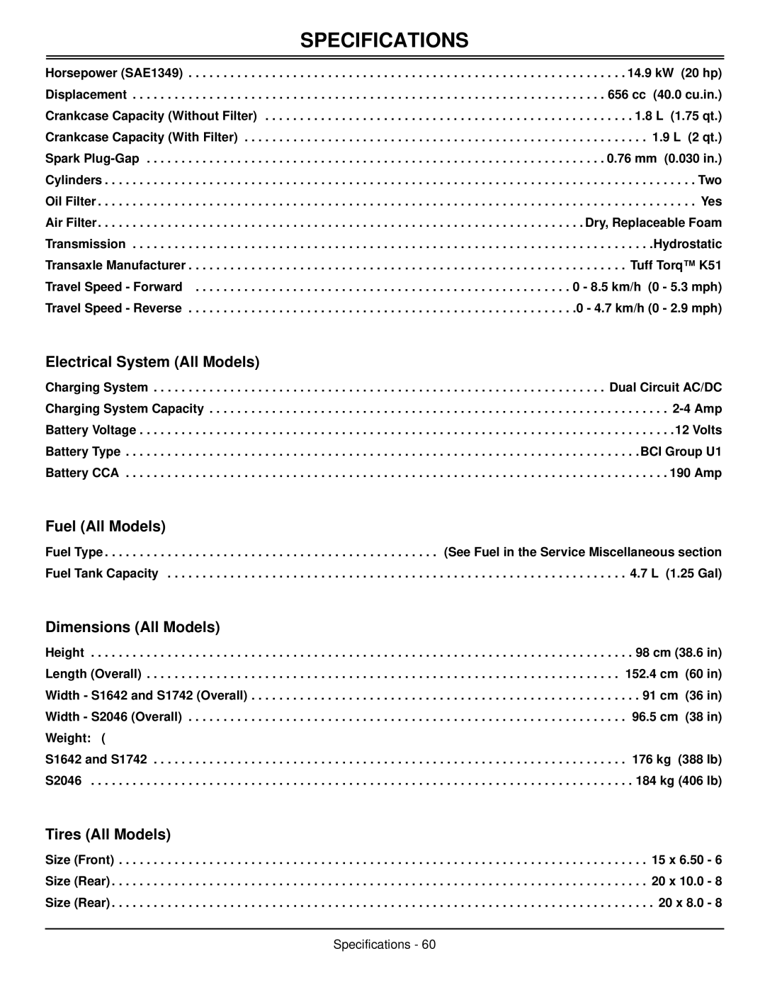 Scotts S1642, S1742, S2046 manual Electrical System All Models, Fuel All Models, Dimensions All Models, Tires All Models 