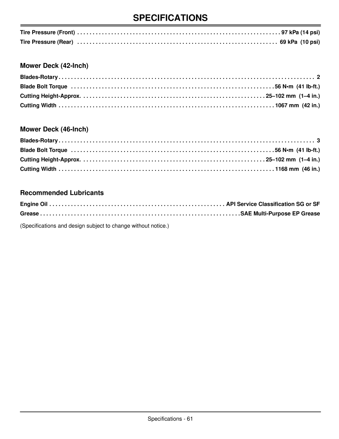 Scotts S1642, S1742, S2046 manual Mower Deck 42-Inch, Mower Deck 46-Inch, Recommended Lubricants, Specifications 