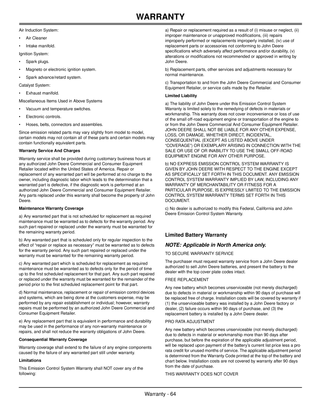 Scotts S1642, S1742, S2046 manual NOTE Applicable in North America only, Warranty Service And Charges, Limitations 