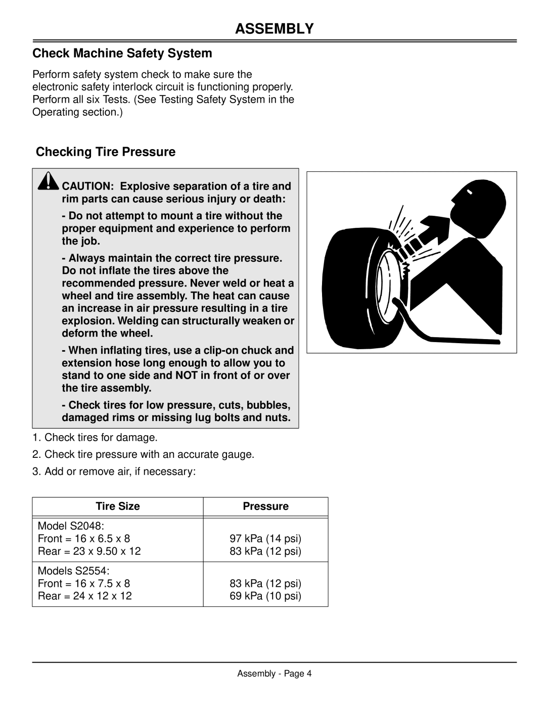 Scotts S2048, S2554 manual Check Machine Safety System, Checking Tire Pressure, Tire Size Pressure 