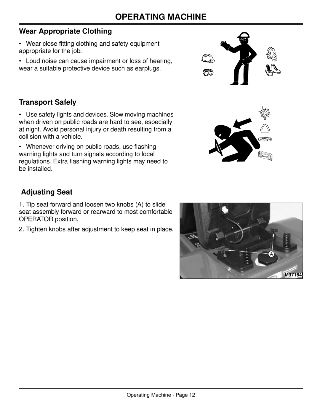 Scotts S2048, S2554 manual Wear Appropriate Clothing, Transport Safely, Adjusting Seat 