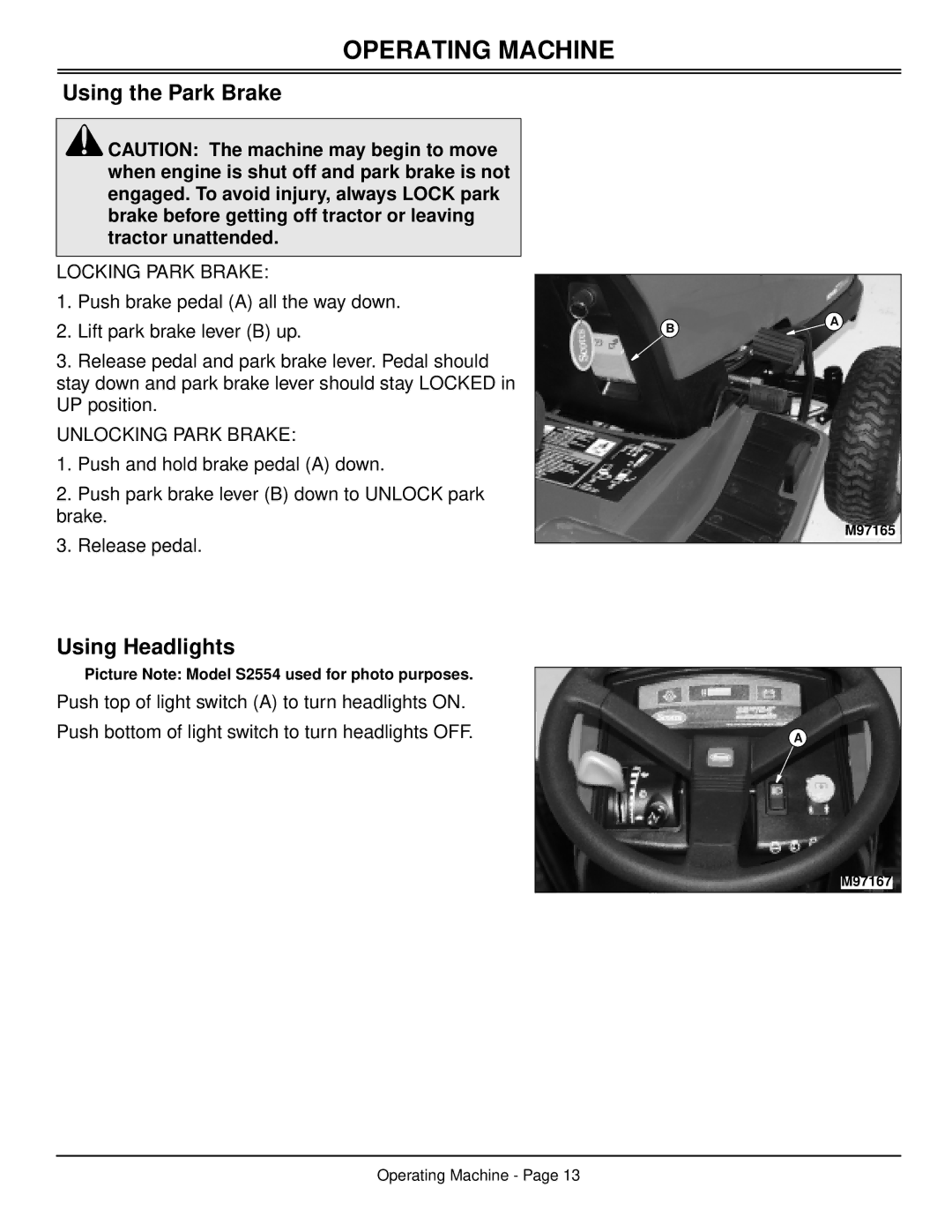 Scotts S2048, S2554 manual Using the Park Brake, Using Headlights 