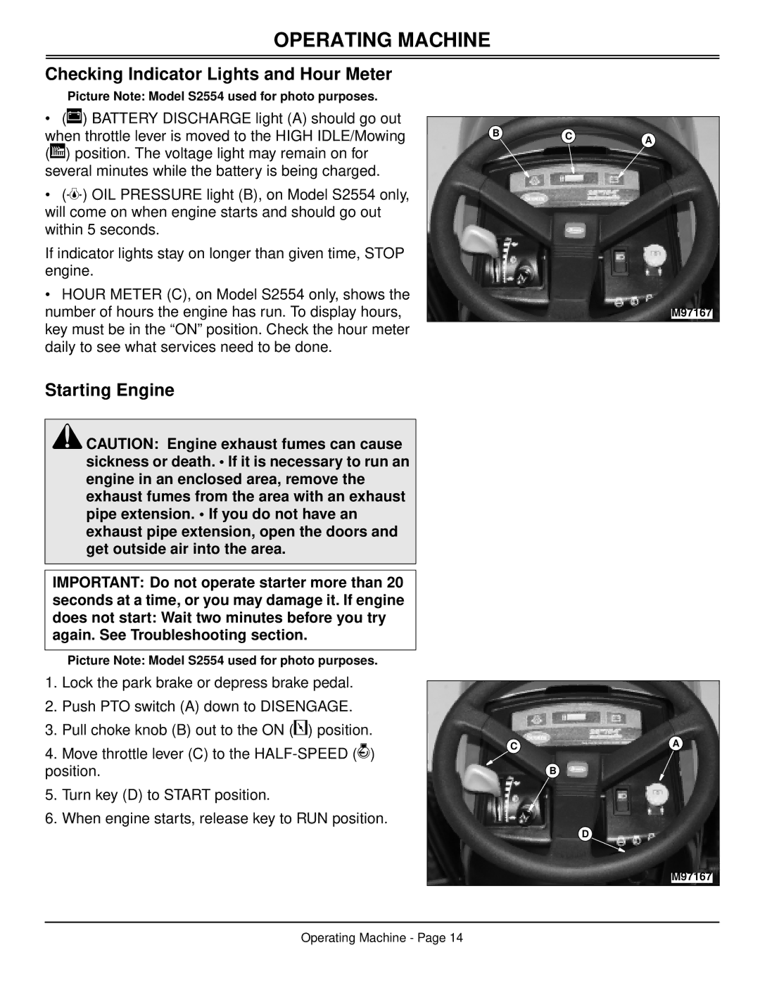 Scotts S2048, S2554 manual Checking Indicator Lights and Hour Meter, Starting Engine 