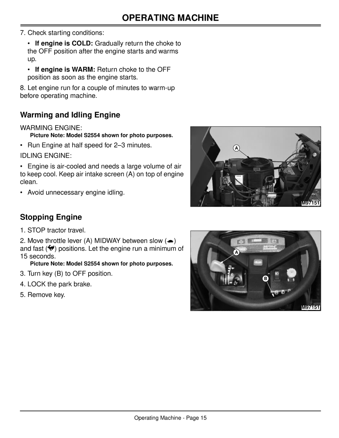 Scotts S2048, S2554 manual Warming and Idling Engine, Stopping Engine 