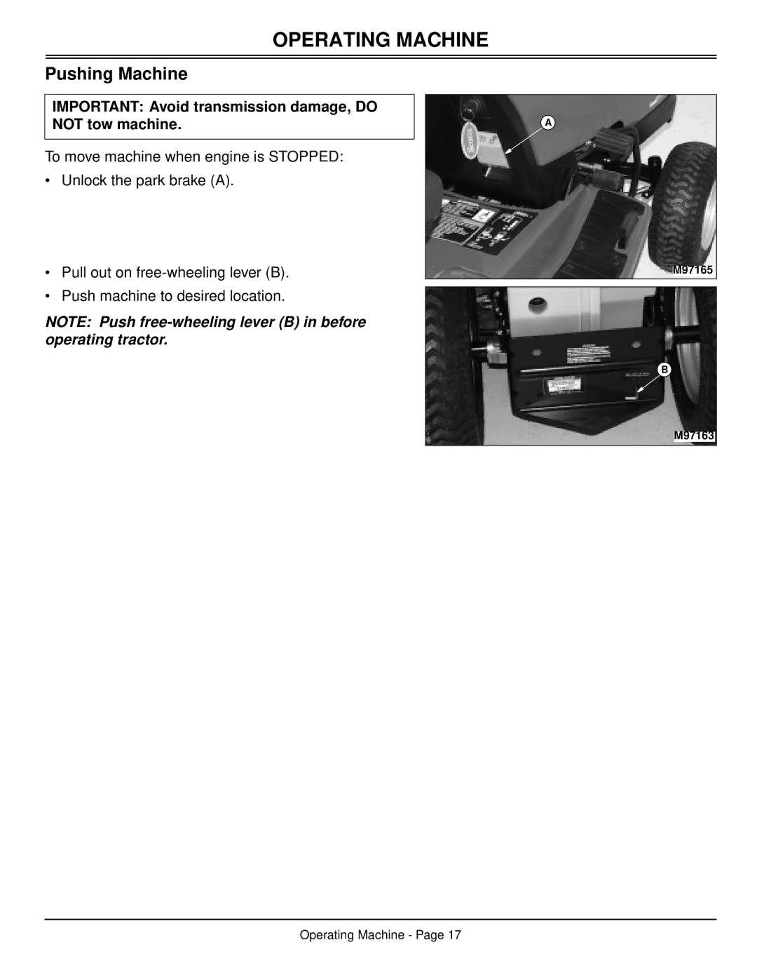 Scotts S2048, S2554 manual Pushing Machine, Important Avoid transmission damage, do not tow machine 