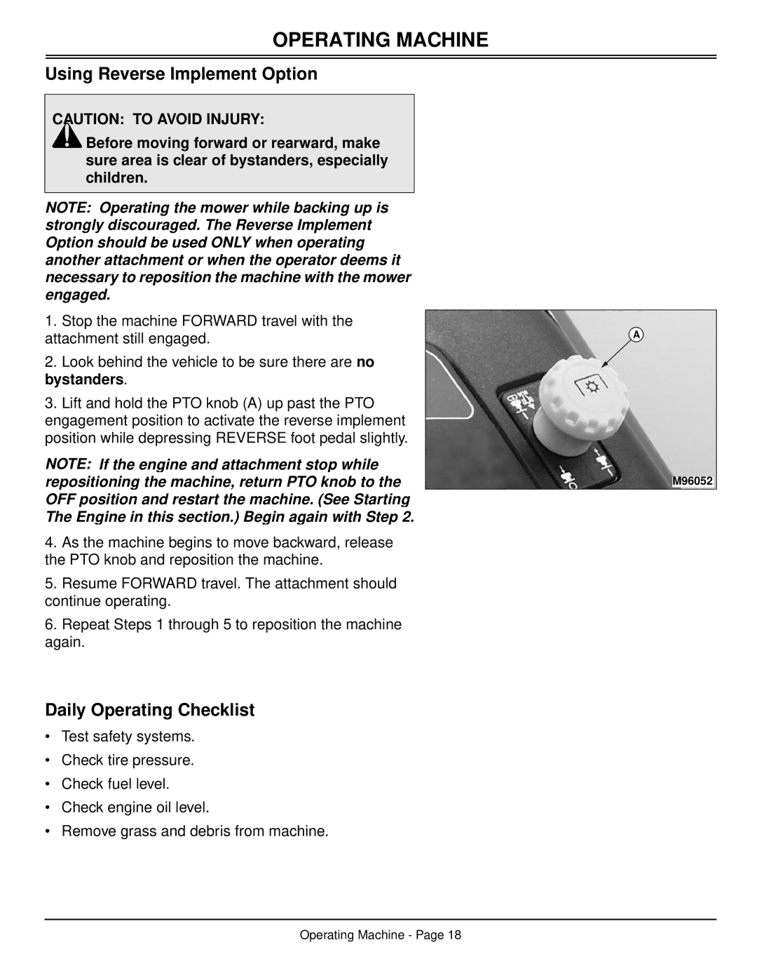 Scotts S2048, S2554 manual Using Reverse Implement Option, Daily Operating Checklist 