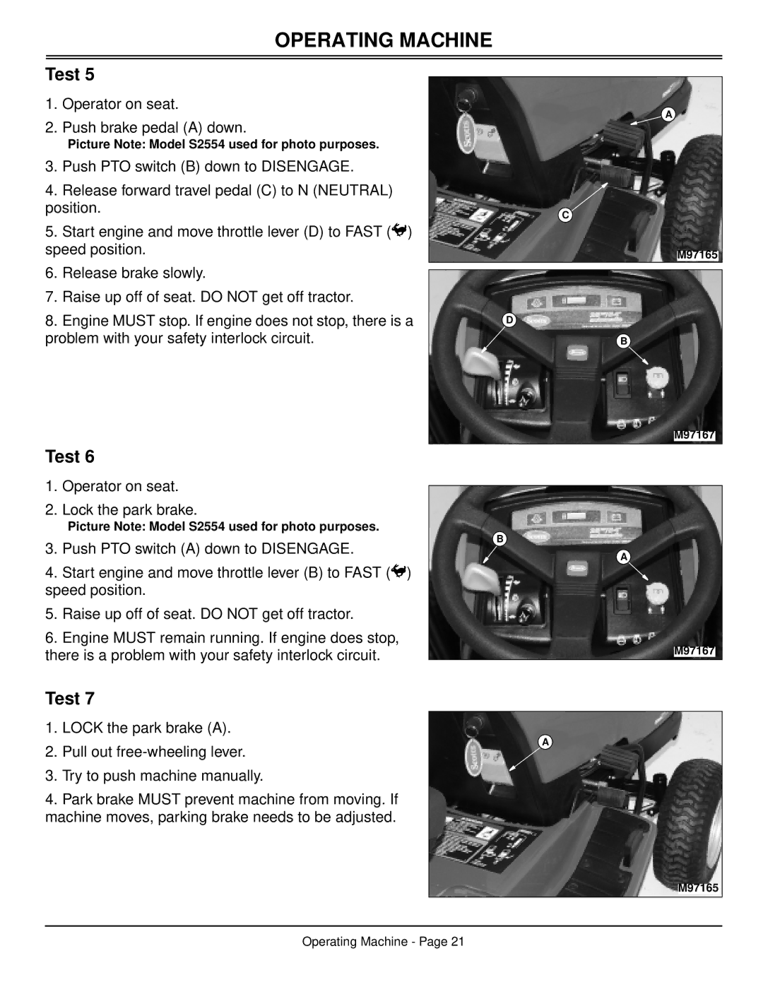 Scotts S2048, S2554 manual Operator on seat Push brake pedal a down 