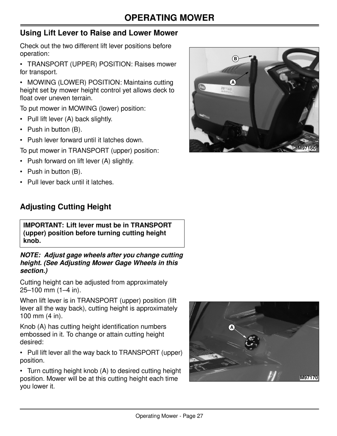 Scotts S2048, S2554 manual Using Lift Lever to Raise and Lower Mower, Adjusting Cutting Height 