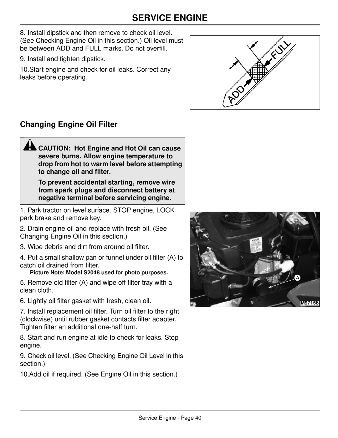 Scotts S2048, S2554 manual Changing Engine Oil Filter 