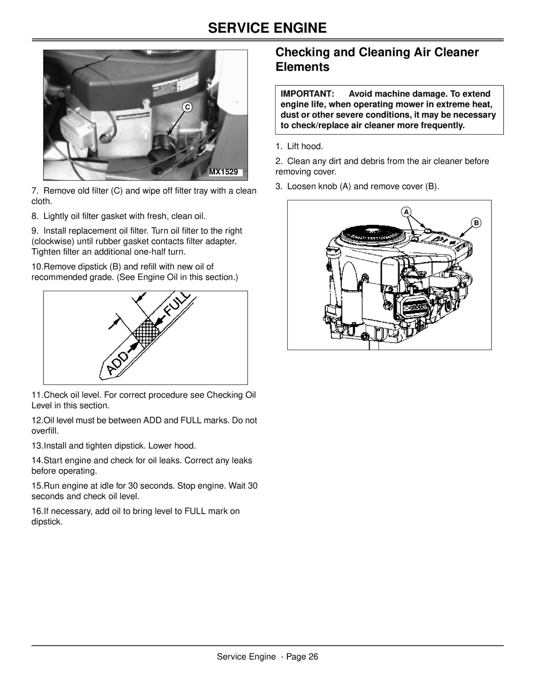 Scotts S2546 manual Checking and Cleaning Air Cleaner Elements 