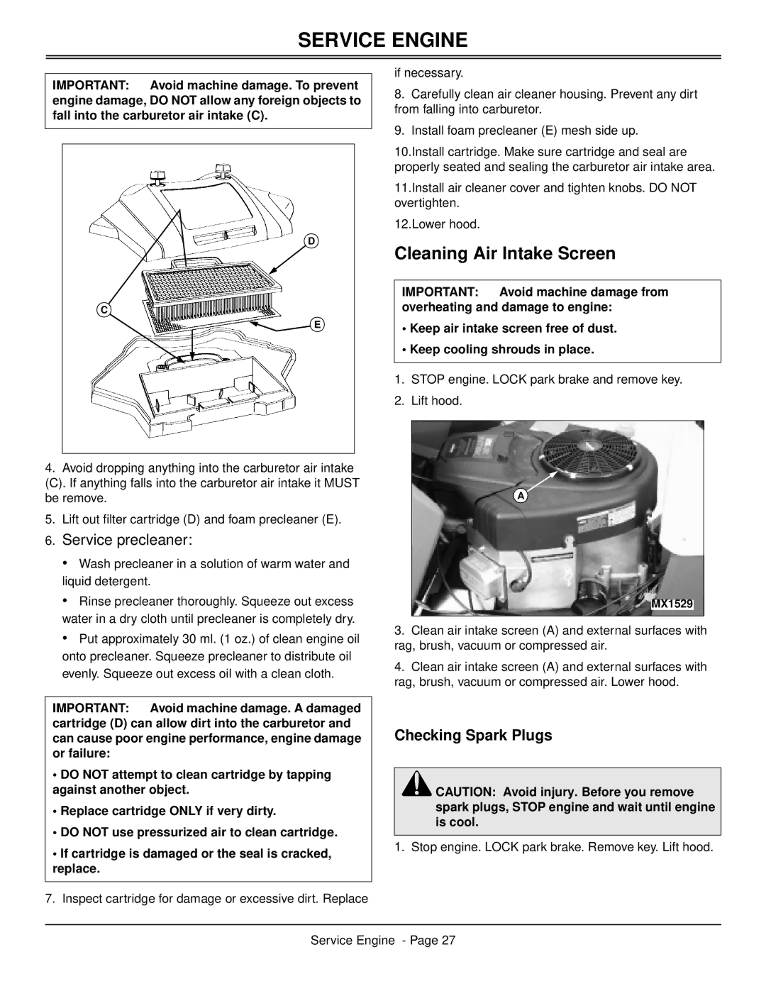 Scotts S2546 manual Service precleaner, Checking Spark Plugs 