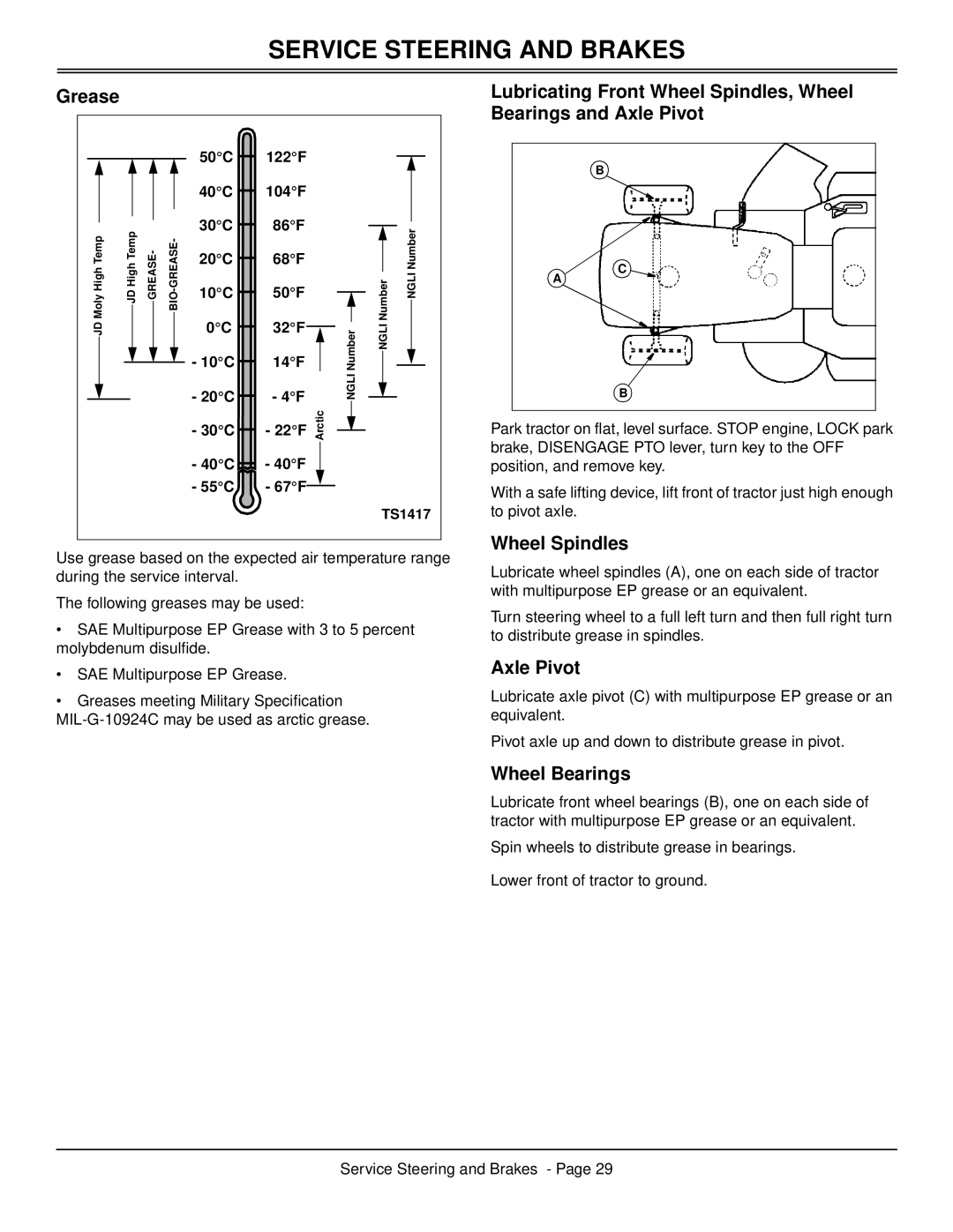 Scotts S2546 manual Service Steering and Brakes, Grease, Wheel Spindles, Axle Pivot, Wheel Bearings 