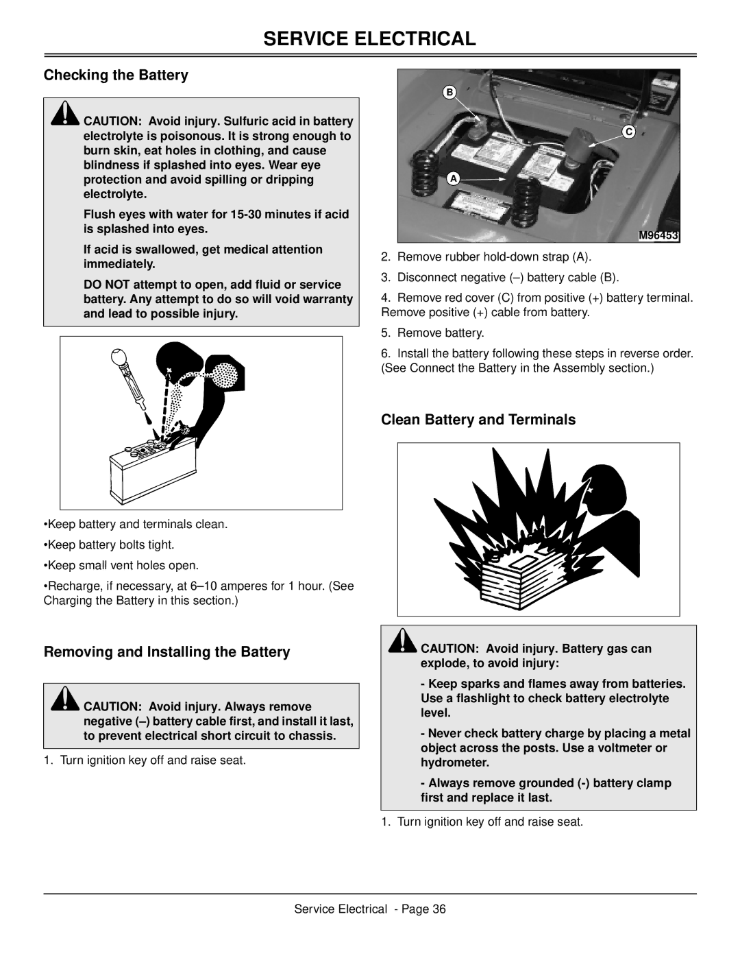 Scotts S2546 Service Electrical, Checking the Battery, Clean Battery and Terminals, Removing and Installing the Battery 