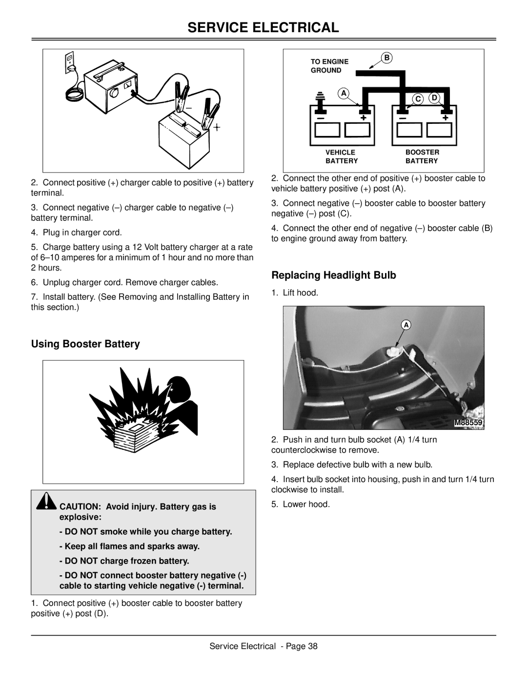 Scotts S2546 manual Using Booster Battery, Replacing Headlight Bulb 