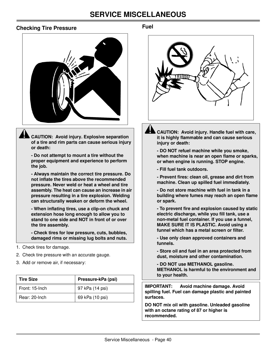 Scotts S2546 manual Service Miscellaneous, Fuel 