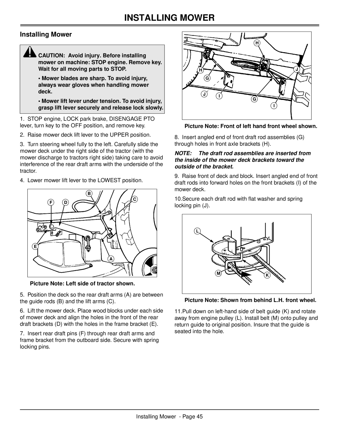 Scotts S2546 Installing Mower, Picture Note Front of left hand front wheel shown, Picture Note Left side of tractor shown 