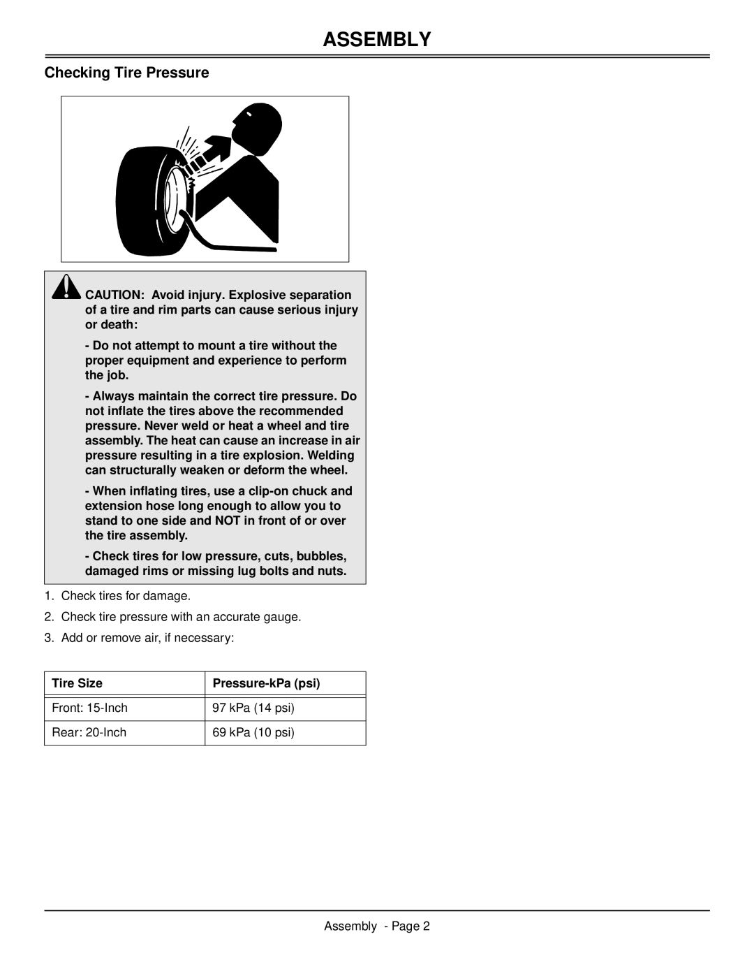 Scotts S2546 manual Checking Tire Pressure, Tire Size Pressure-kPa psi 