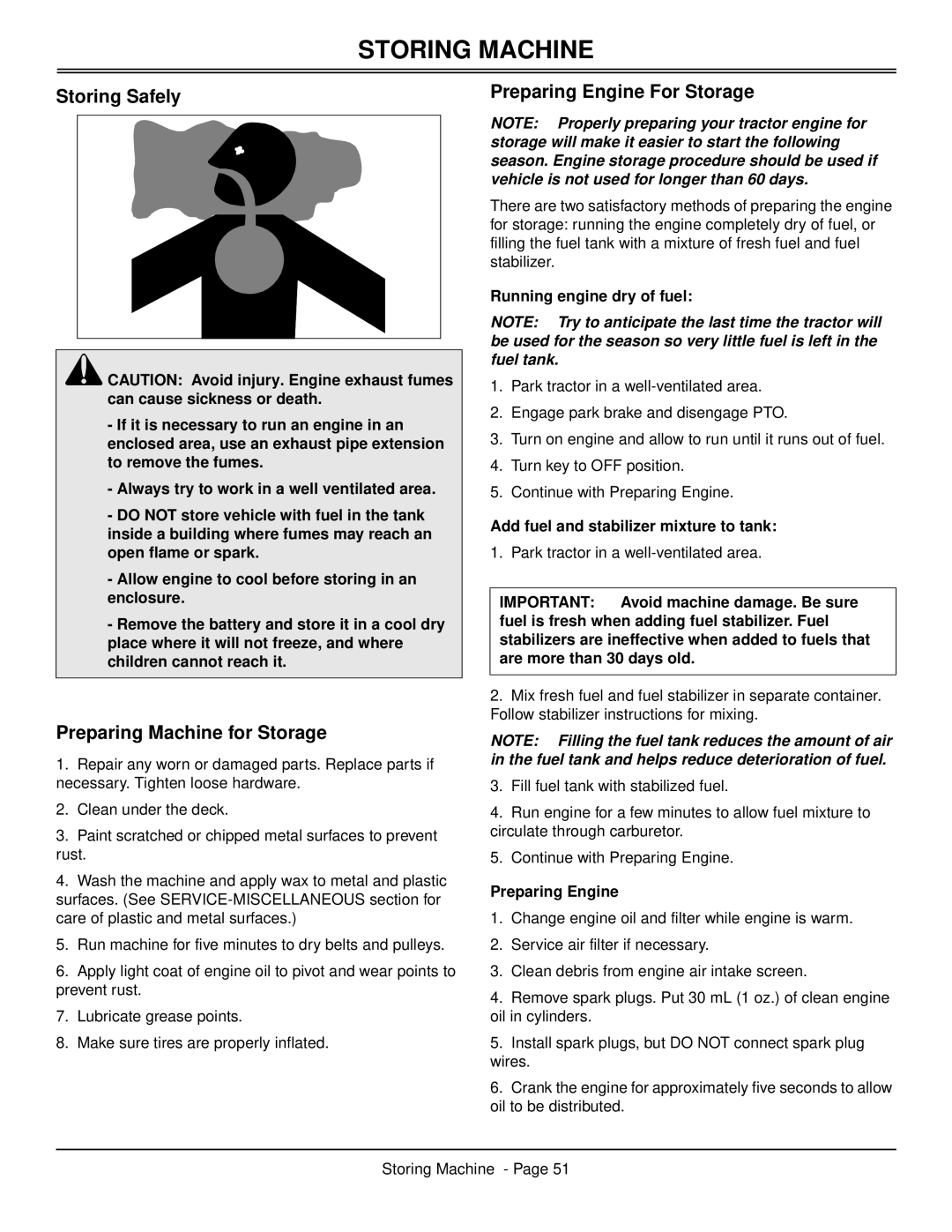 Scotts S2546 manual Storing Machine, Storing Safely, Preparing Machine for Storage, Preparing Engine For Storage 