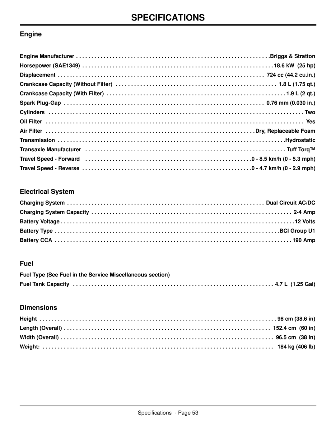 Scotts S2546 manual Specifications, Electrical System, Dimensions 