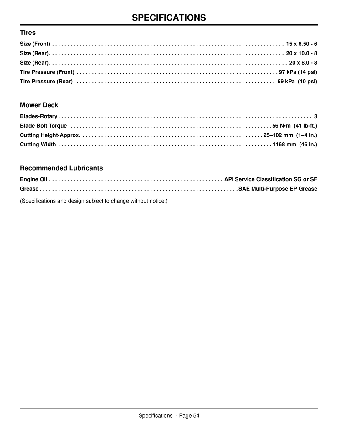 Scotts S2546 manual Tires, Mower Deck, Recommended Lubricants, Cutting Width mm 46 