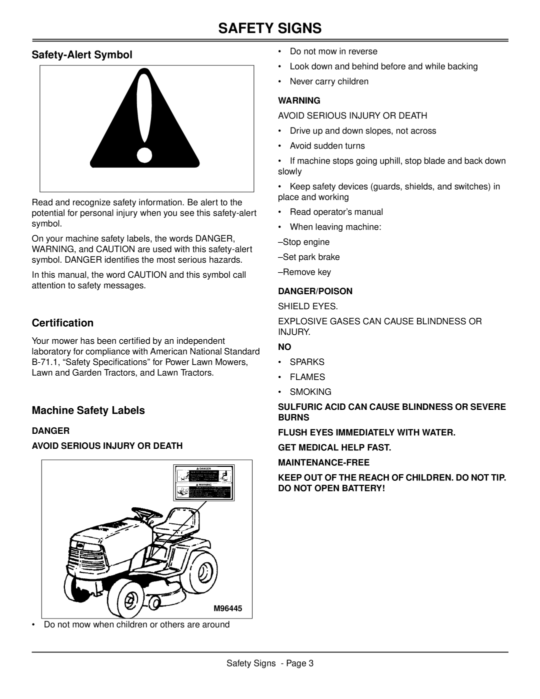 Scotts S2546 manual Safety Signs, Safety-Alert Symbol, Certification, Machine Safety Labels 