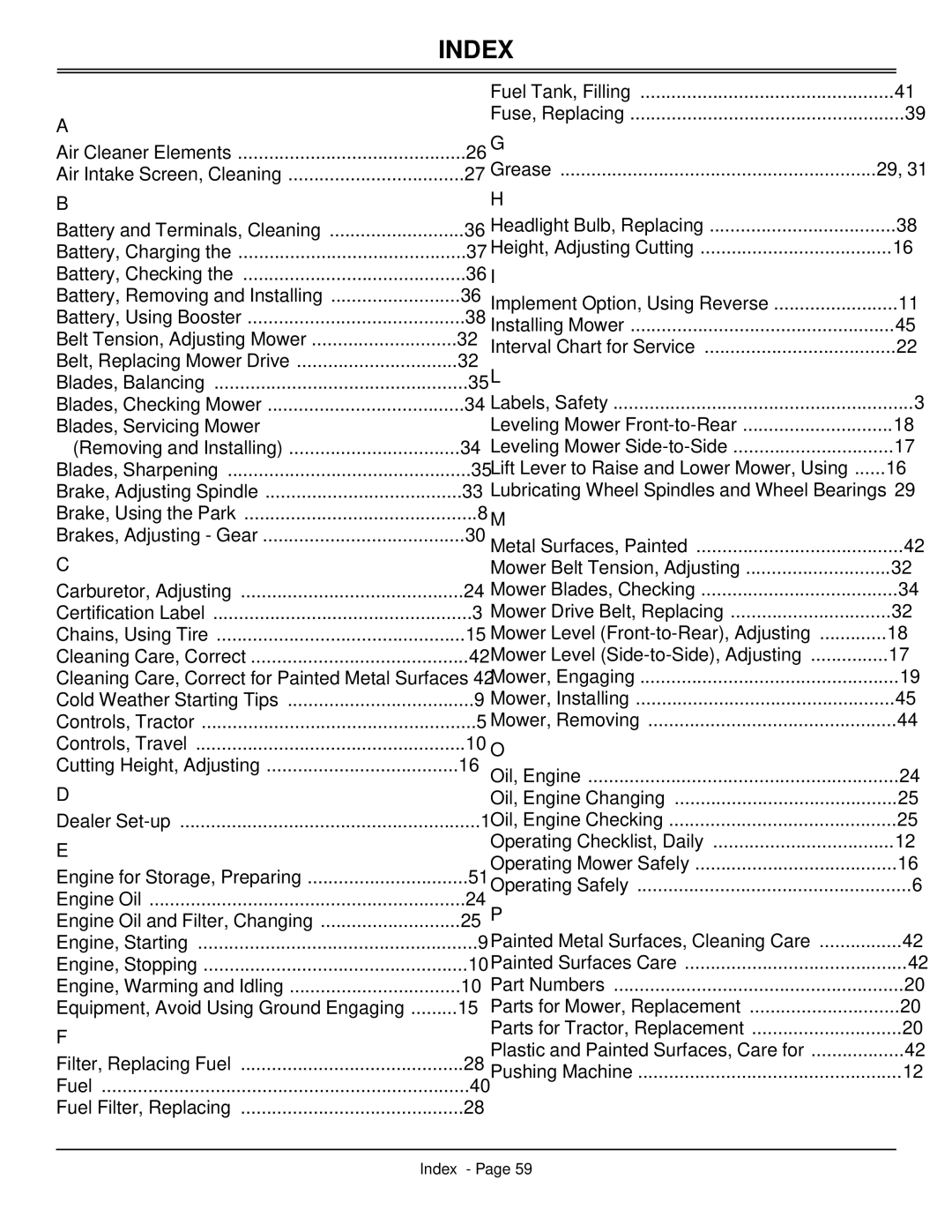 Scotts S2546 manual Index, Grease 