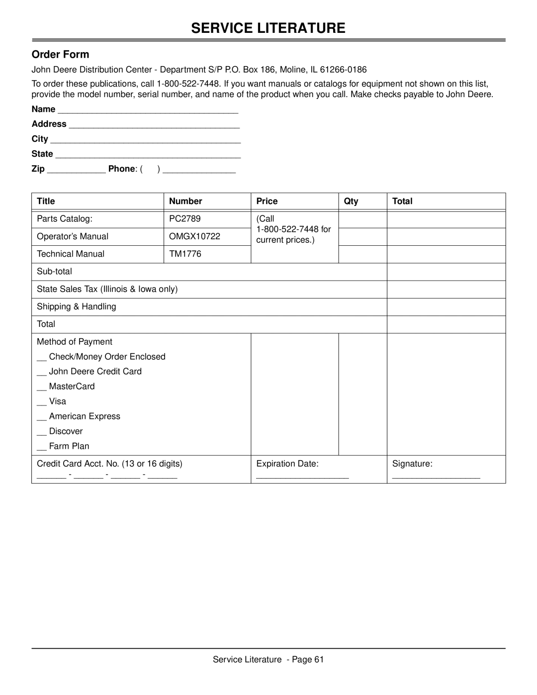 Scotts S2546 manual Service Literature, Order Form, Title Number Price Qty Total 