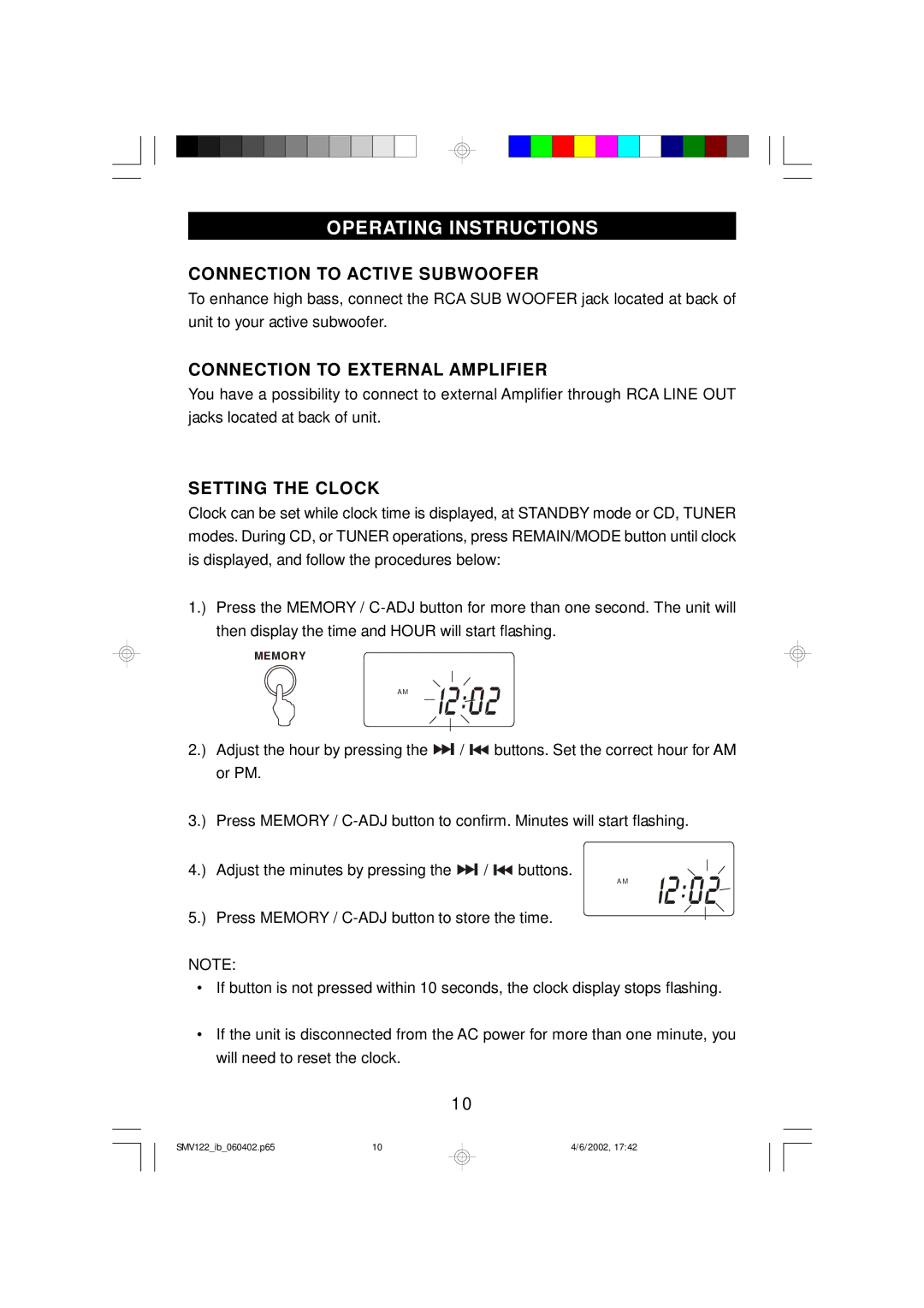 Scotts SMV122 Operating Instructions, Connection to Active Subwoofer, Connection to External Amplifier, Setting the Clock 