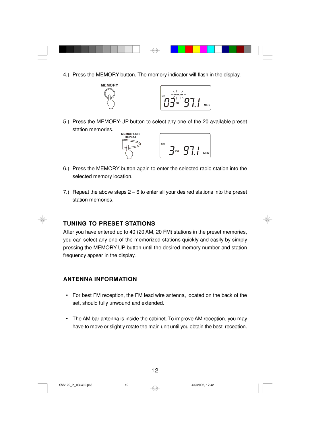 Scotts SMV122 owner manual Tuning to Preset Stations, Antenna Information 