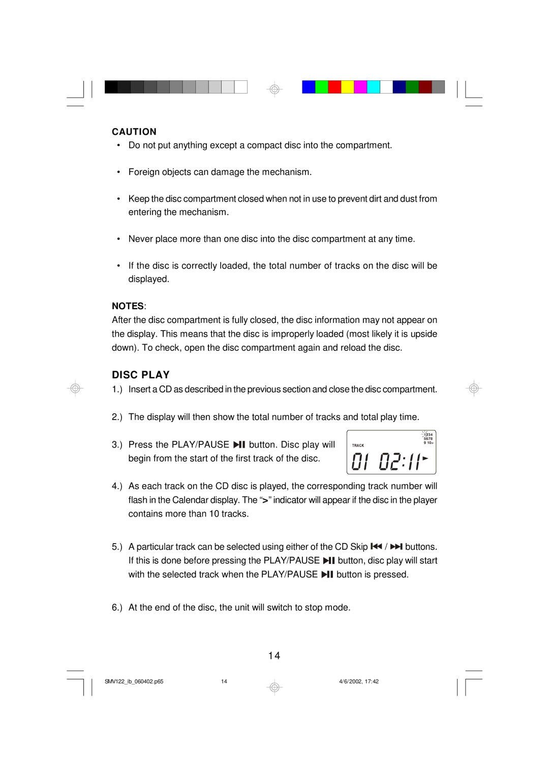 Scotts SMV122 owner manual Disc Play 