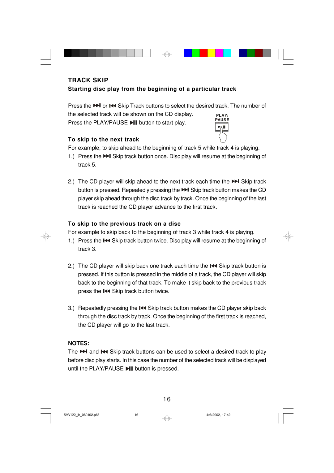 Scotts SMV122 owner manual Track Skip, Starting disc play from the beginning of a particular track 