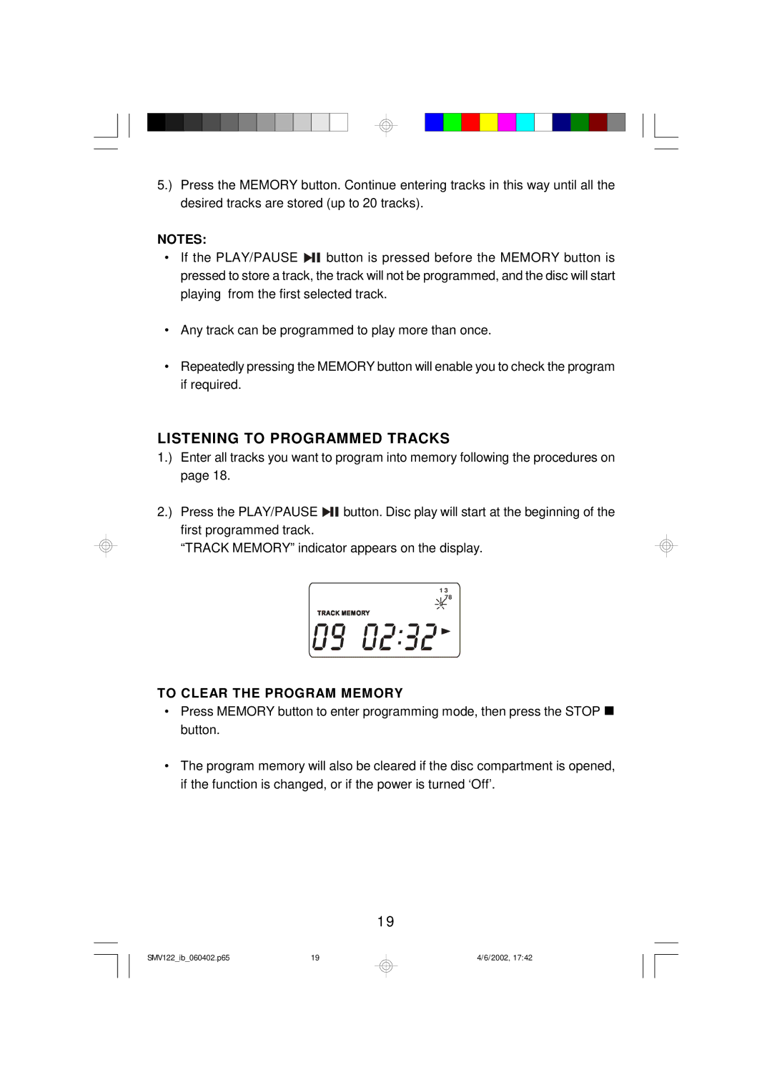 Scotts SMV122 owner manual Listening to Programmed Tracks, To Clear the Program Memory 