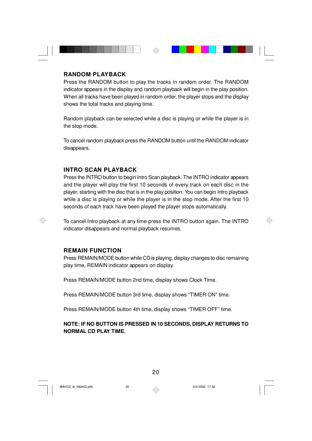 Scotts SMV122 owner manual Random Playback, Intro Scan Playback, Remain Function 