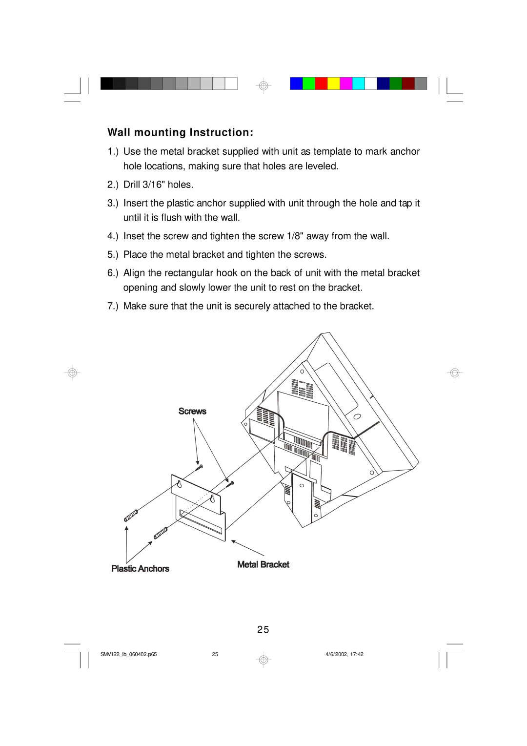 Scotts SMV122 owner manual Wall mounting Instruction 