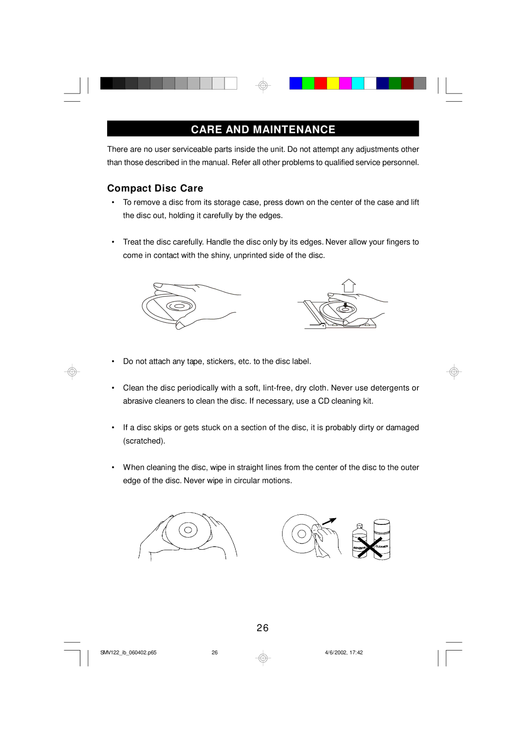 Scotts SMV122 owner manual Care and Maintenance, Compact Disc Care 