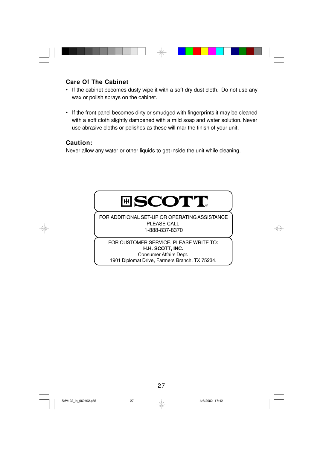 Scotts SMV122 owner manual Care Of The Cabinet 