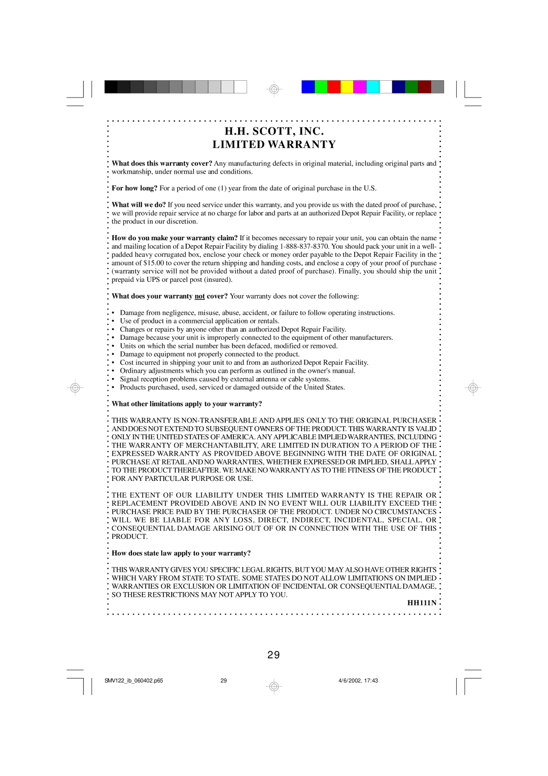 Scotts SMV122 owner manual SCOTT, INC Limited Warranty 