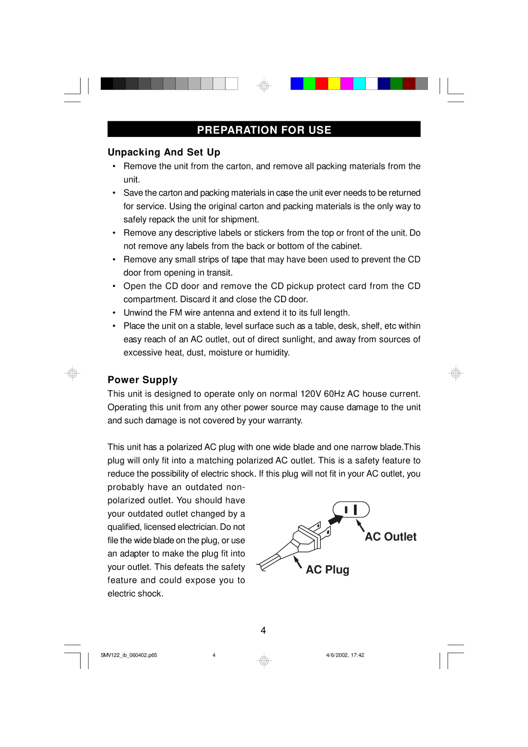 Scotts SMV122 owner manual Preparation for USE, Unpacking And Set Up, Power Supply 