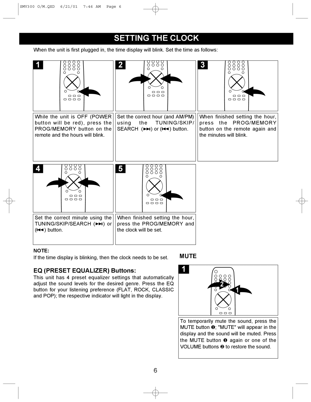 Scotts SMV300 instruction manual Setting the Clock, EQ Preset Equalizer Buttons 