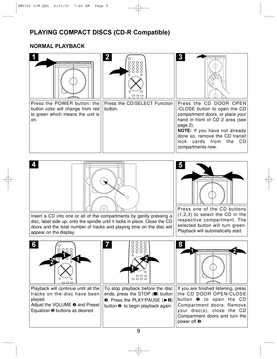 Scotts SMV300 instruction manual Playing Compact Discs CD-R Compatible, Normal Playback 