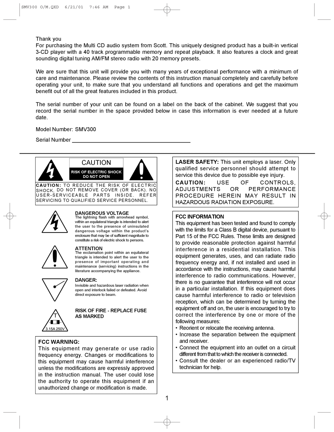 Scotts SMV300 instruction manual 3.15A250V, Fcc Warning, Fcc Information 
