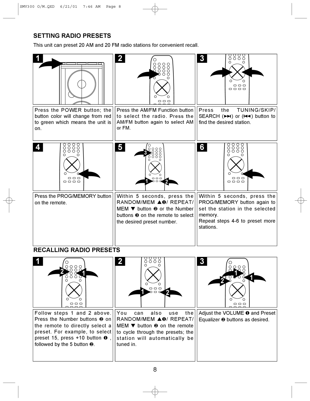 Scotts SMV300 instruction manual Setting Radio Presets, Recalling Radio Presets 