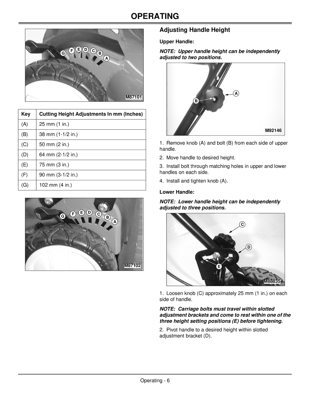 Scotts SP6213, SP6211 Adjusting Handle Height, Key Cutting Height Adjustments In mm Inches, Upper Handle, Lower Handle 