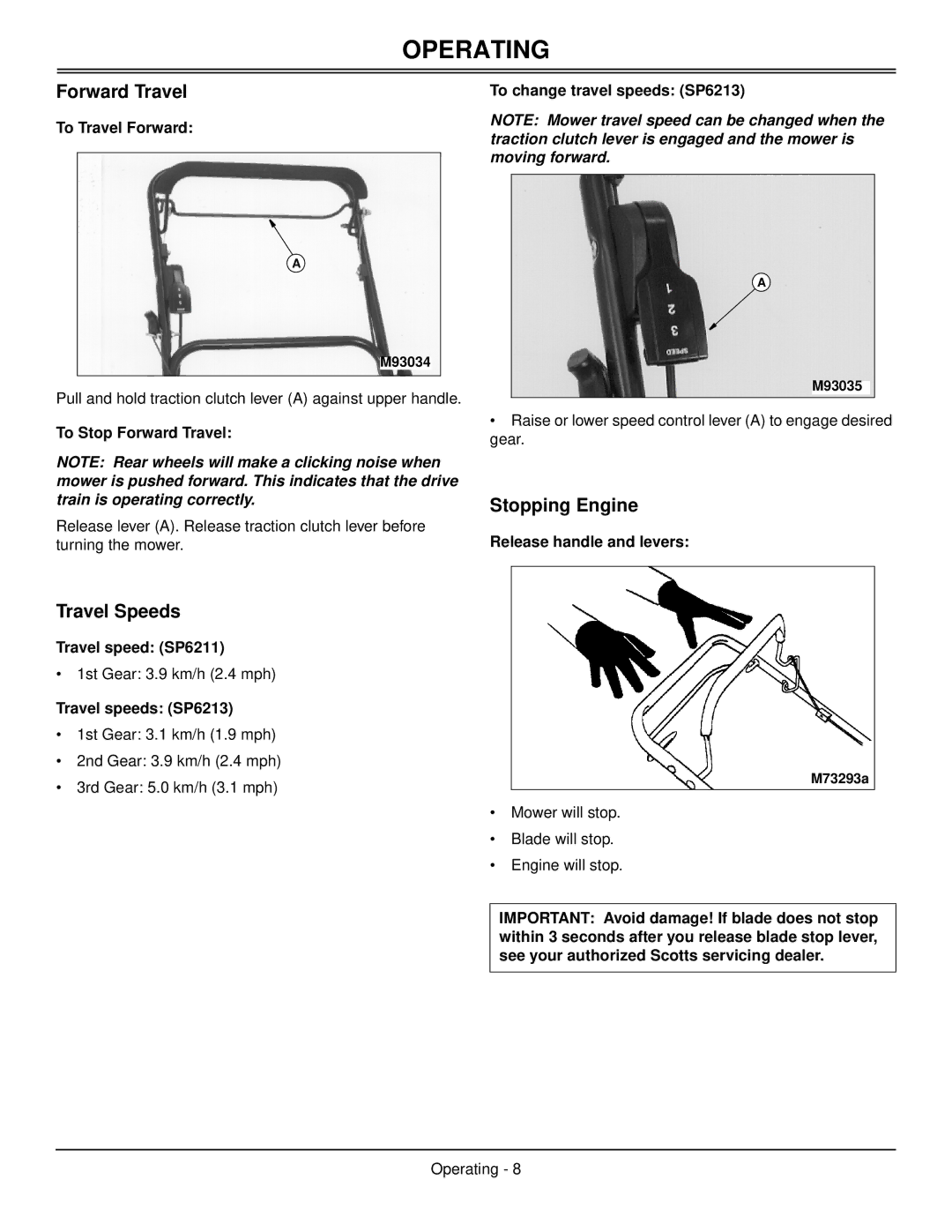 Scotts SP6213, SP6211 manual Forward Travel, Travel Speeds, Stopping Engine 