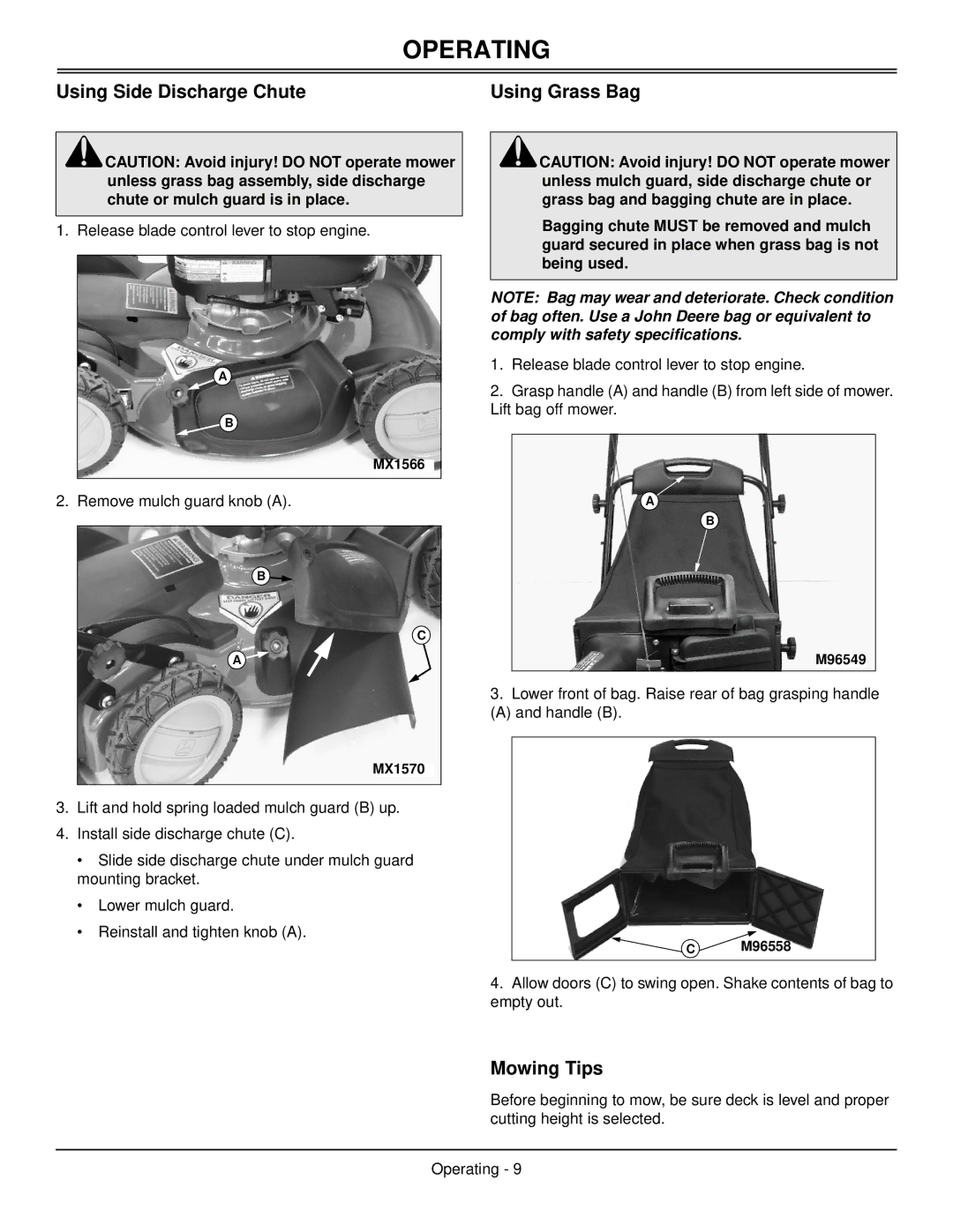 Scotts SP6211, SP6213 manual Using Side Discharge Chute, Using Grass Bag, Mowing Tips 