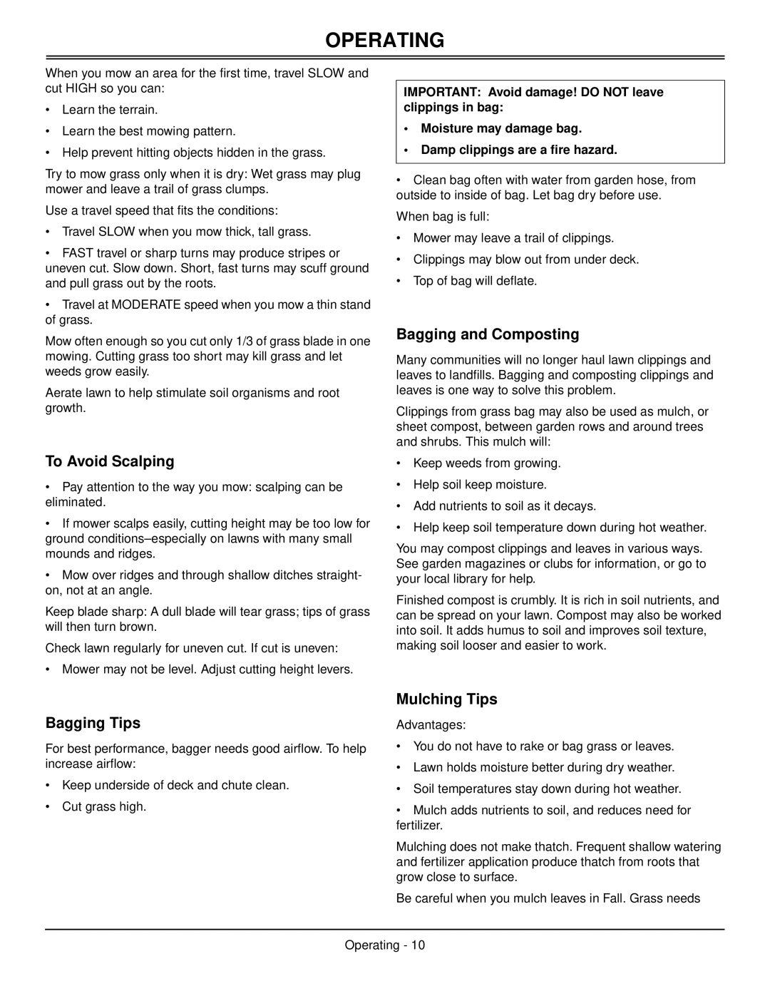 Scotts SP6213, SP6211 manual To Avoid Scalping, Bagging and Composting, Bagging Tips, Mulching Tips 