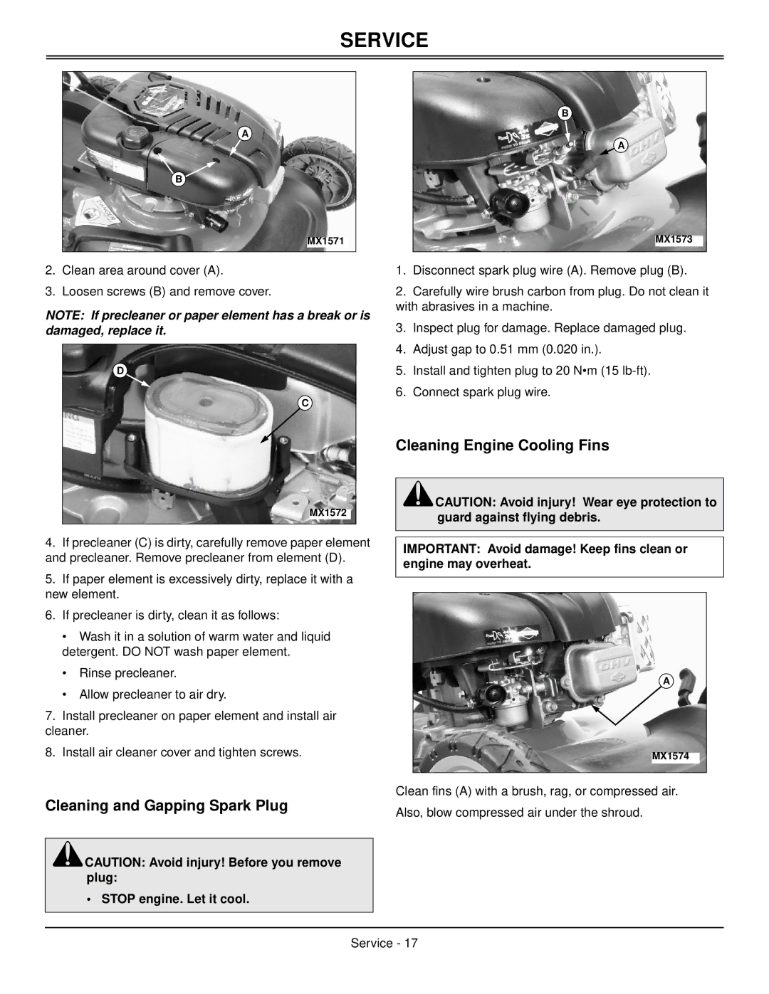 Scotts SP6211, SP6213 manual Cleaning and Gapping Spark Plug, Cleaning Engine Cooling Fins, Stop engine. Let it cool 